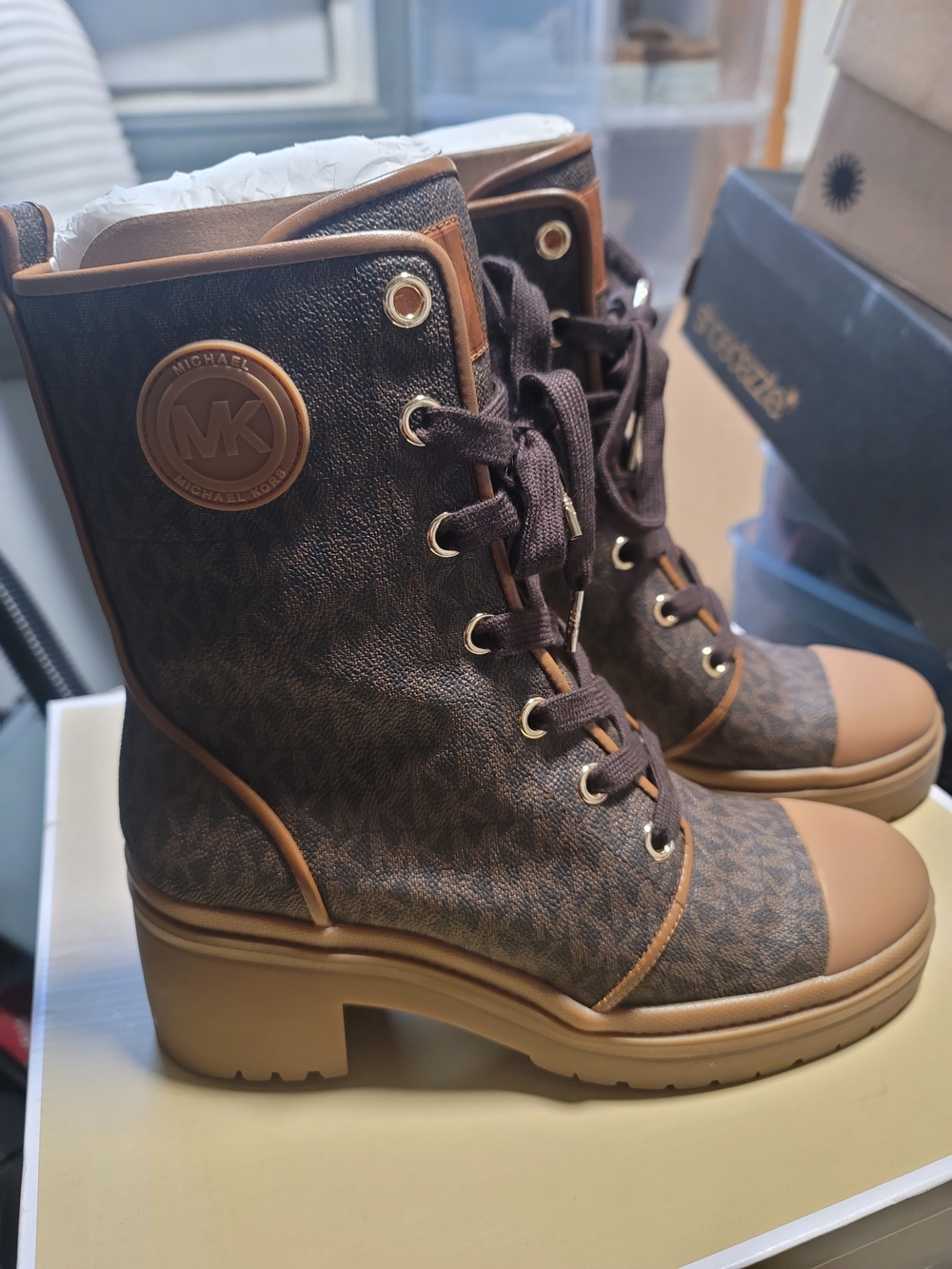 Michael Kors Brown MK Logo Lace-Up Combat Boots with Tan Accents